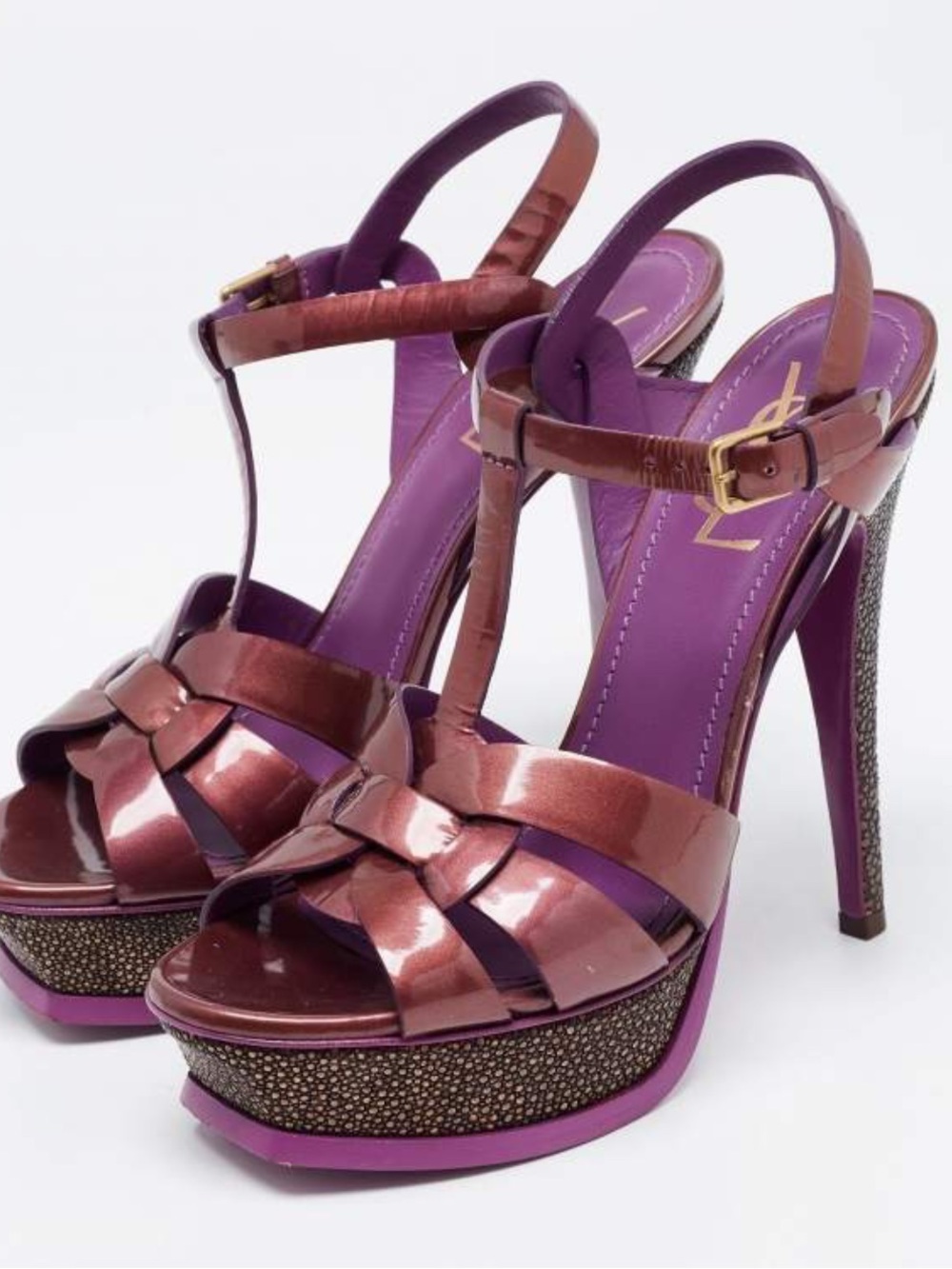 Yves Saint Laurent YSL Tribute Metallic Purple Platform Sandals Heels 39.5